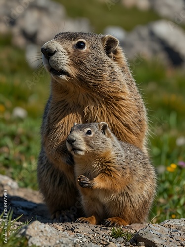 Alpine marmot with its young.