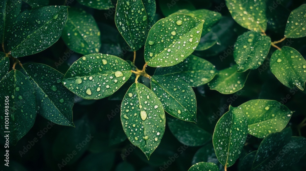 Fototapeta premium A high-angle view of a lush plant with numerous leaves covered in dew, creating a sparkling effect and showcasing the plants natural beauty.