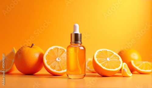 Vitamin C oil, refreshing mood, displayed with fresh oranges, bright orange background
