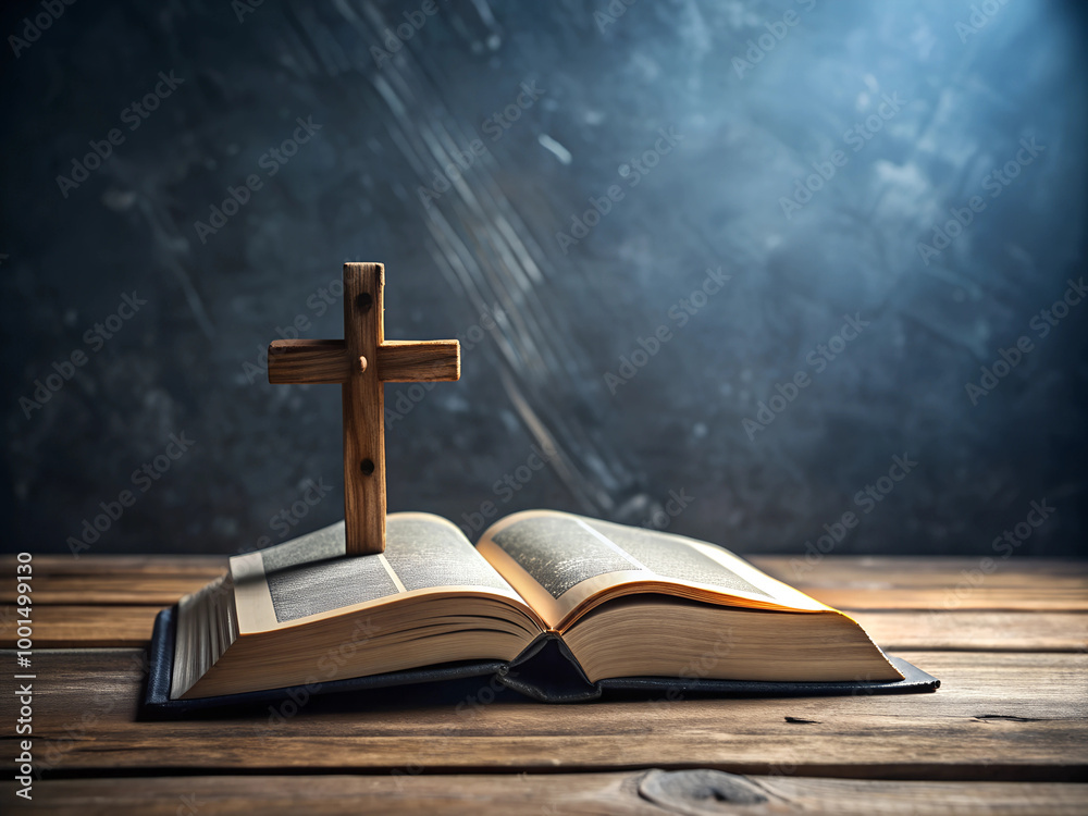 An open Bible with a wooden cross resting on it, set on a rustic wooden table against a moody dark background, symbolizing faith, spirituality, and devotion.