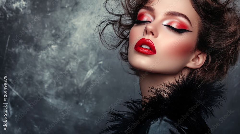 A high-fashion portrait of a woman with dramatic makeup and a chic hairstyle, set against a stylish backdrop, embodying modern beauty. A high-fashion portrait of a woman with dramatic makeup and a chic hairstyle, set against a stylish backdrop, embodying modern beauty.