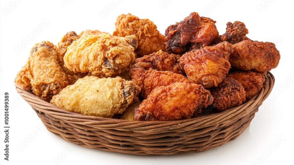 A high-resolution image of a basket of assorted fried chicken pieces, including wings and thighs, on a white background, showcasing the variety and golden-brown color. A high-resolution image of a basket of assorted fried chicken pieces, including wings and thighs, on a white background, showcasing the variety and golden-brown color.