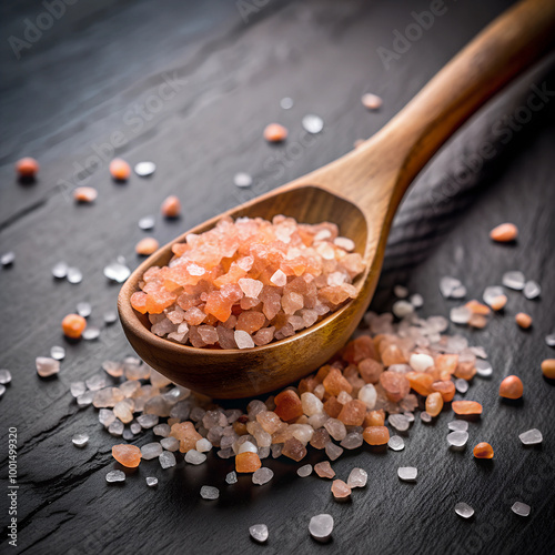 A wooden spoon filled with pink Himalayan salt granules placed on a dark textured surface, symbolizing natural ingredients and wellness. photo
