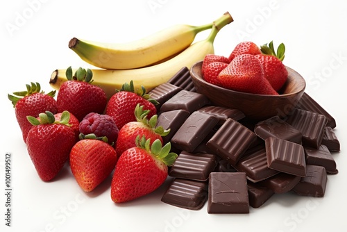 Dark chocolate pieces surrounded by fresh strawberries and bananas on a white background