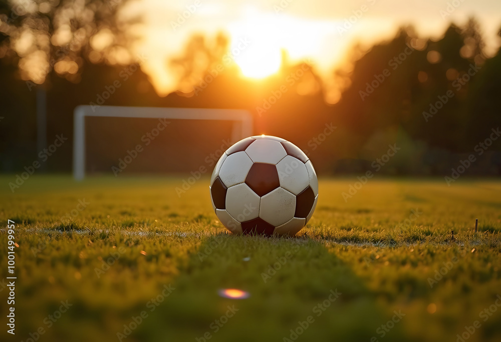Obraz premium 3d rendering of soccer ball on green grass in the evening sunshine 