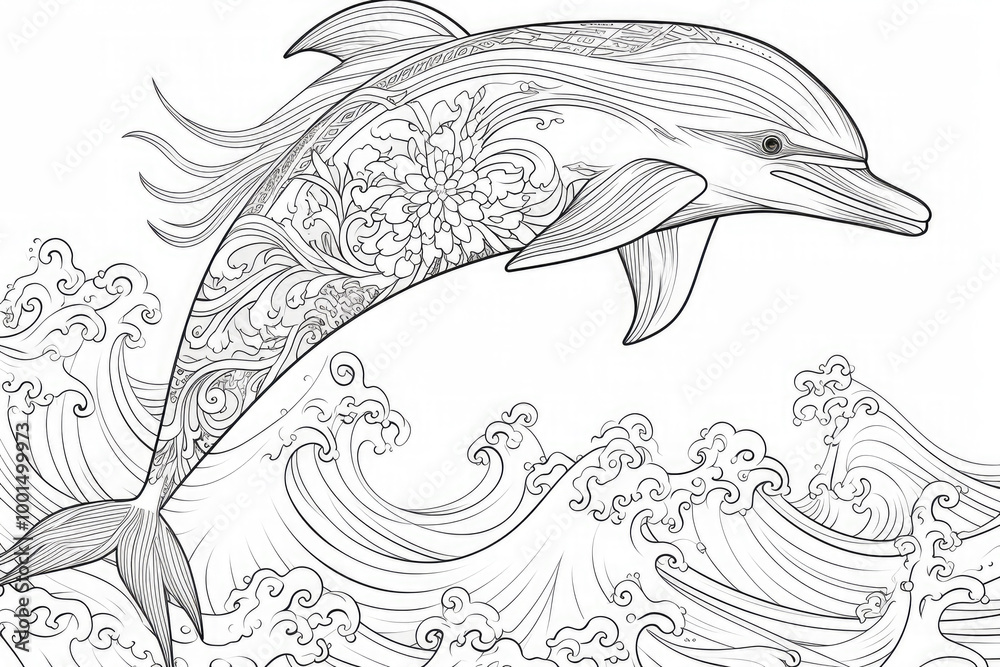This intricate coloring page design features a playful dolphin leaping through stylized waves, with a zentangle pattern perfect for relaxation and mindfulness This intricate coloring page design features a playful dolphin leaping through stylized waves, with a zentangle pattern perfect for relaxation and mindfulness