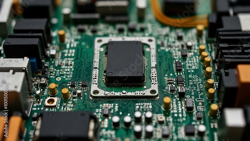 An intricate computer motherboard highlights the processor socket and circuitry.