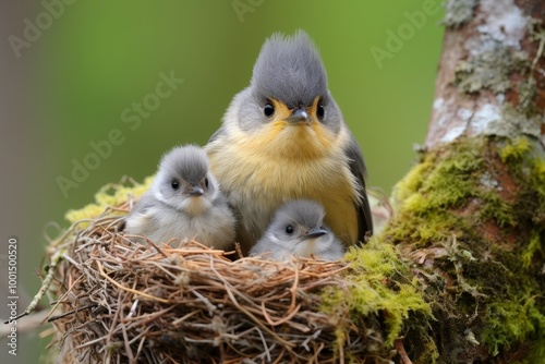 Tender moment  a titmouse nurturing its chicks in the nest, showcasing nature s care and love photo