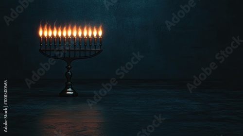 A menorah with candles lit, set against a dark background, symbolizing celebration and tradition.