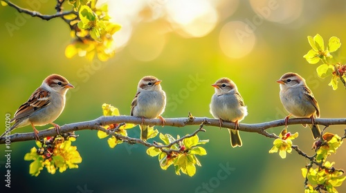 Funny little birds sit on a branch in a spring