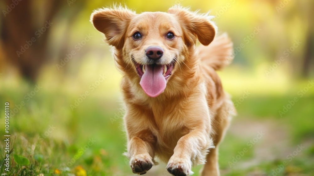 A high-resolution image of a happy dog running towards the camera in a park, with its tongue out and a joyful expression, capturing its playful nature. A high-resolution image of a happy dog running towards the camera in a park, with its tongue out and a joyful expression, capturing its playful nature.