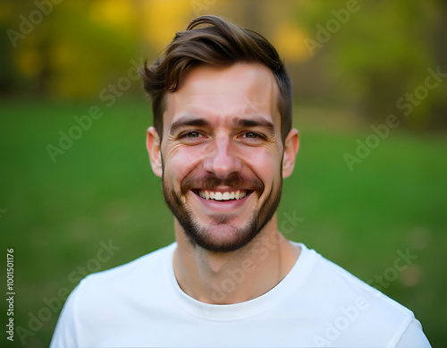 A young Caucasian man with short dark brown hair, a beard, and a friendly expression on his face. He mid to late 20s and is wearing a white t-shirt against a blurred natural background