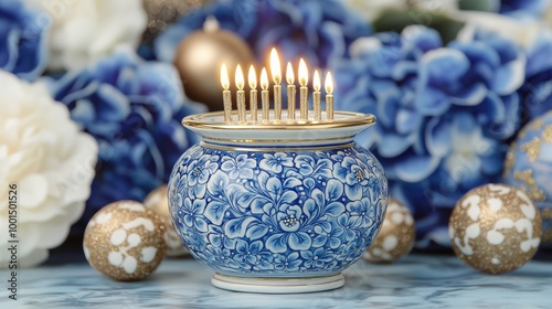 A decorative blue floral menorah with lit candles surrounded by winter flowers and ornaments, symbolizing a festive celebration. photo