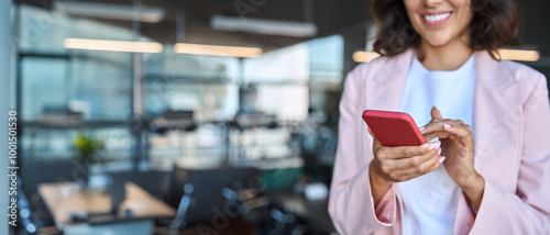 Closeup of impersonal woman's hands using cell phone mobile AI app for work call, business communication, trading. Busy female woman businesswoman working on smartphone, texting. Copy space, banner