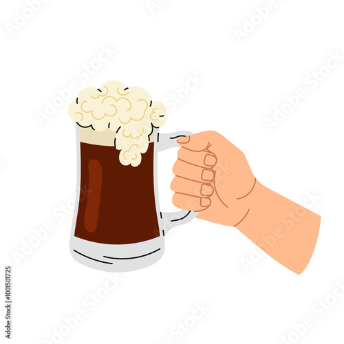 Glass mug of beer in hand. Alcoholic drinks, party, pub element. A pint of frothy dark beer. Flat illustration on white background.