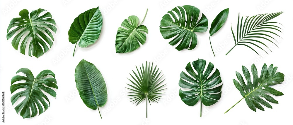 Collection of tropical leaves isolated on white background.