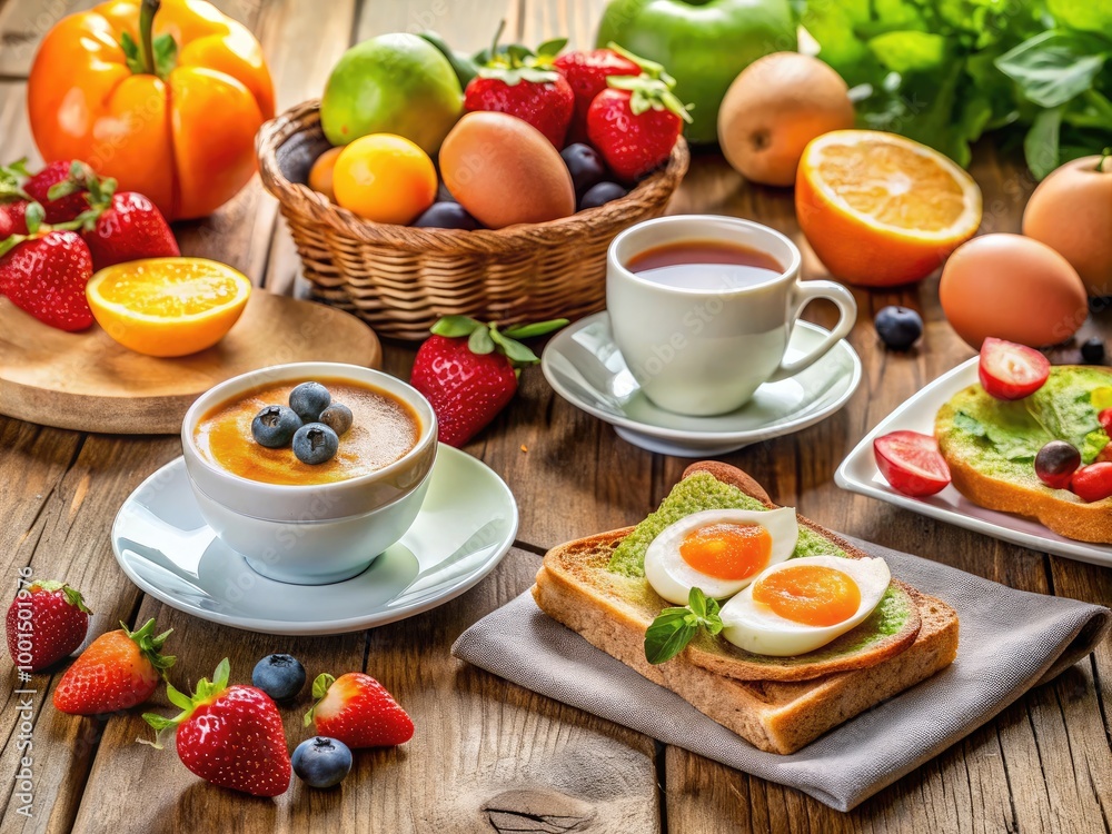 Delicious and Nutritious Breakfast Spread Featuring Fresh Fruits, Toast, Eggs, and Coffee on Table Delicious and Nutritious Breakfast Spread Featuring Fresh Fruits, Toast, Eggs, and Coffee on Table