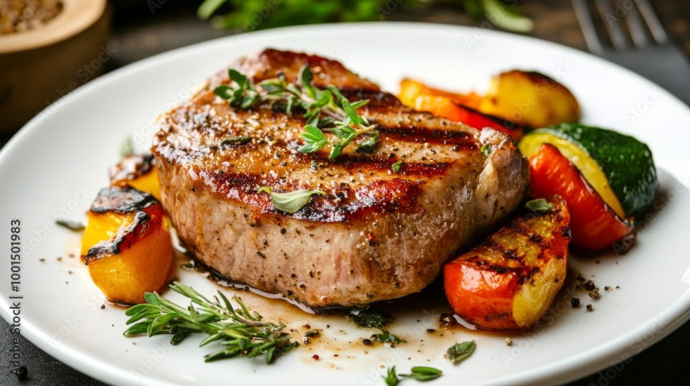 A high-resolution image of a perfectly grilled pork steak with a juicy center, garnished with fresh herbs and served with roasted vegetables on a white plate. A high-resolution image of a perfectly grilled pork steak with a juicy center, garnished with fresh herbs and served with roasted vegetables on a white plate.