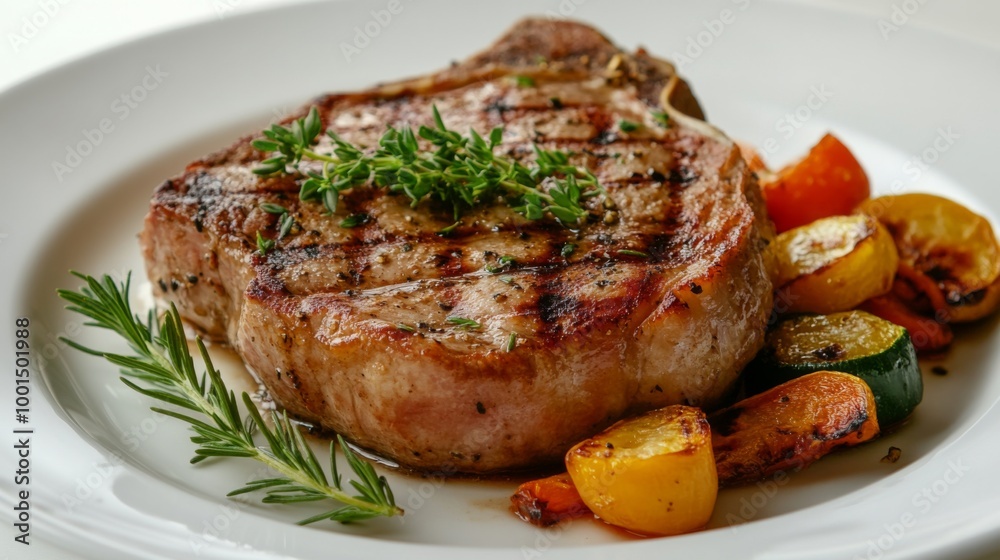 A high-resolution image of a perfectly grilled pork steak with a juicy center, garnished with fresh herbs and served with roasted vegetables on a white plate. A high-resolution image of a perfectly grilled pork steak with a juicy center, garnished with fresh herbs and served with roasted vegetables on a white plate.