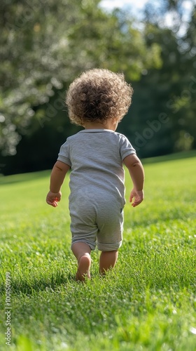 A happy toddler walks barefoot in lush grass, enjoying nature for the first time