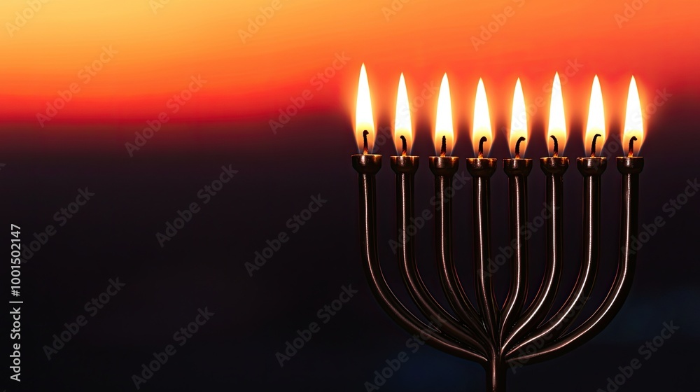 A glowing menorah with nine lit candles against a vibrant sunset backdrop. A glowing menorah with nine lit candles against a vibrant sunset backdrop.