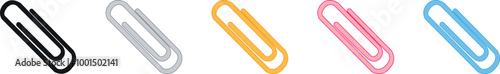 3D Paper clip emoji icon set. Office paperclip in blue, pink, yellow, silver and black colors. School supplies. Stationery elements. Cartoon design objects isolated on white. 