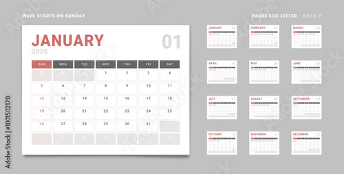 Set of 12 Pages Monthly Calendar Planner Templates with Logo Company on 2025 year. Vector mockup of a wall or desktop calendar with the week start on Sunday for print. Pages size Letter -8.5x11 in