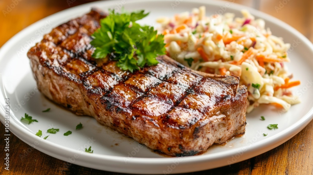 A high-resolution image of a plate with a tender pork steak and a side of creamy coleslaw, arranged attractively with a garnish of parsley. A high-resolution image of a plate with a tender pork steak and a side of creamy coleslaw, arranged attractively with a garnish of parsley.