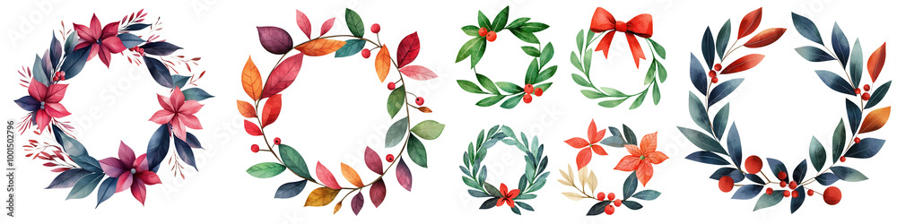 Naklejka premium Colorful floral wreaths on a white isolated background.