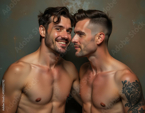 Two shirtless muscular men with tattoos embracing and smiling at each other