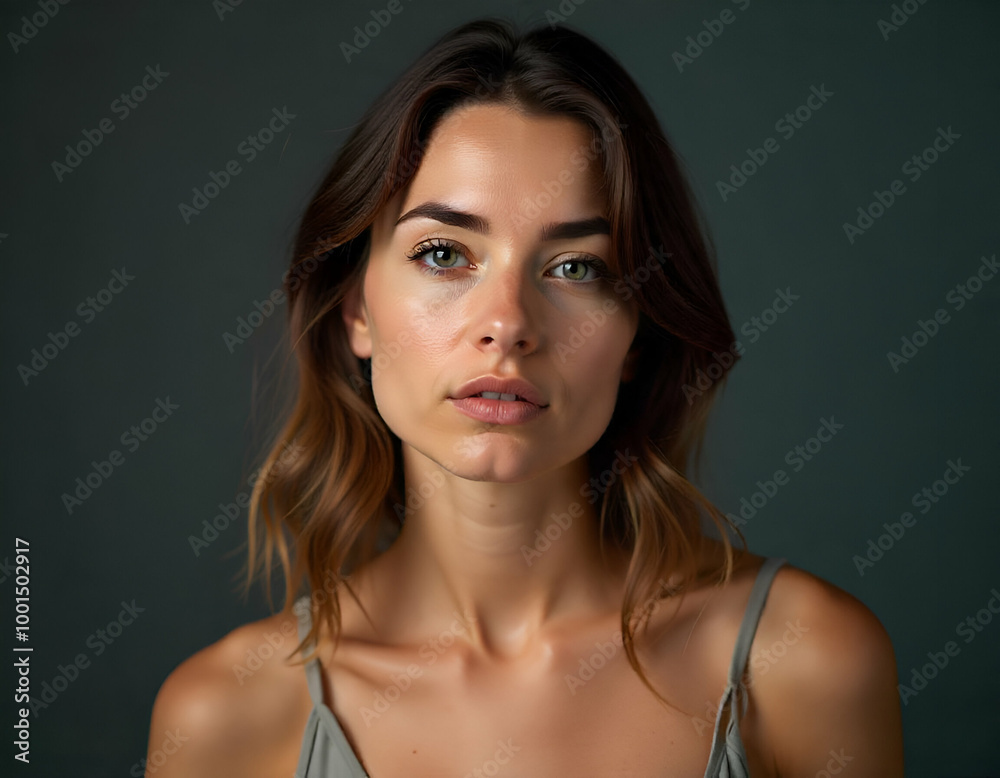 Studio shot of model, serious look, beautiful, looking at camera Studio shot of model, serious look, beautiful, looking at camera