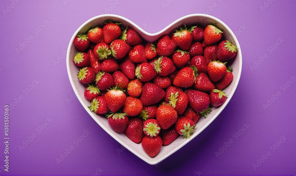 A heart-shaped bowl filled with ripe strawberries sits on a purple background A heart-shaped bowl filled with ripe strawberries sits on a purple background