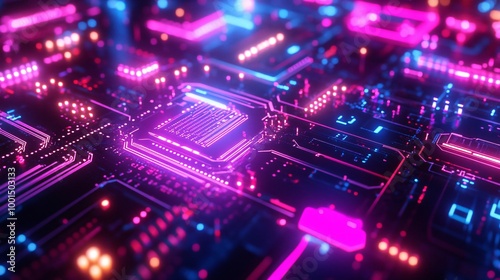 Abstract Circuit Board With Neon Lights.