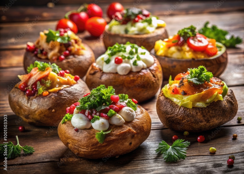 Deliciously Baked Jacket Potatoes with Various Toppings on a Rustic Wooden Table Setting Deliciously Baked Jacket Potatoes with Various Toppings on a Rustic Wooden Table Setting