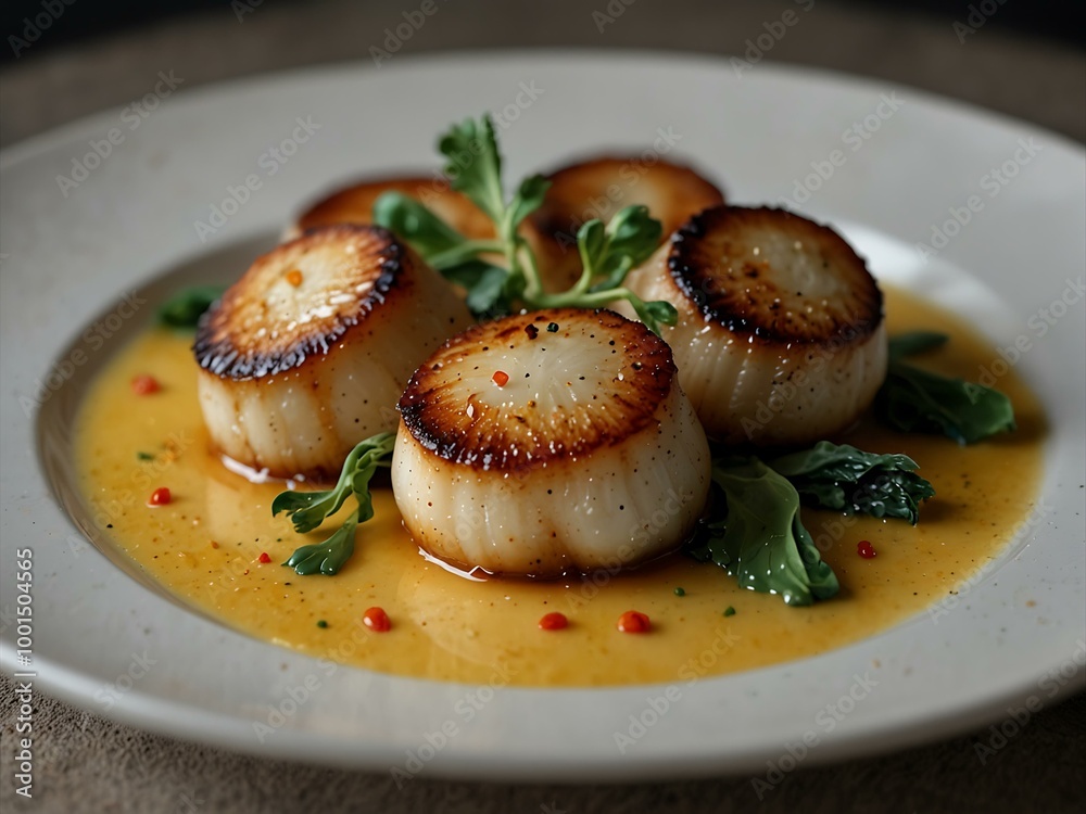 Another plate of seared sea scallops with a spicy lemon sauce.