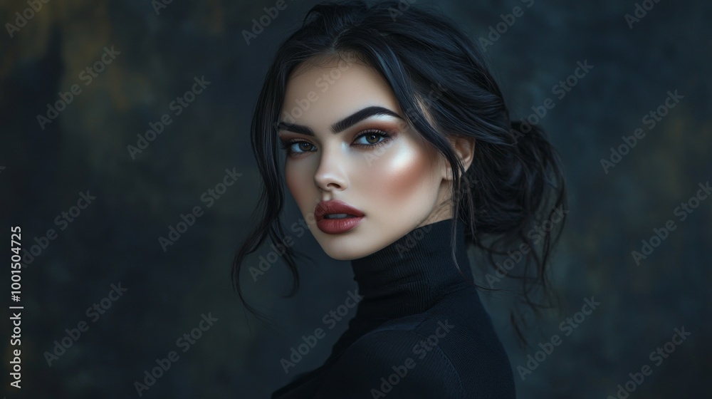 A high-resolution portrait of a woman with elegant makeup and styled hair, exuding confidence and beauty in a professional setting.