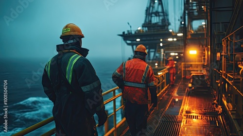 Workers in safety gear on a lit offshore oil platform, surrounded by industrial equipment and the open sea, underlining the challenging environment of offshore work