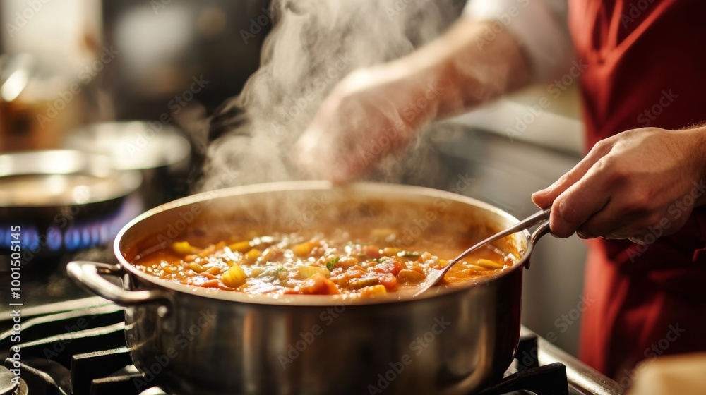 A home cook adding spices to a bubbling pot of soup on the stove, with a focus on the rich, aromatic flavors being developed in the kitchen. A home cook adding spices to a bubbling pot of soup on the stove, with a focus on the rich, aromatic flavors being developed in the kitchen.