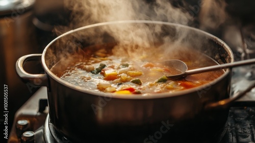 A large soup pot filled with a hearty stew, simmering on a stovetop, with steam rising and ladle resting on the side, creating a cozy, home-cooked vibe.