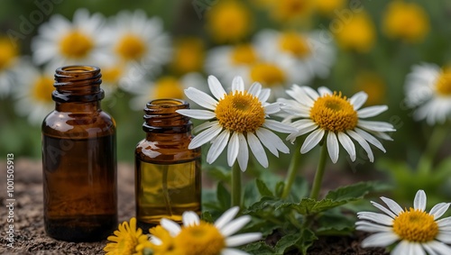 Arnica essential oil with fresh flowers in the background.