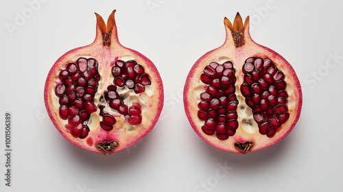 Two red pomegranates are cut in half, revealing their juicy, red flesh. Concept of freshness and abundance, as the pomegranates are a symbol of health and vitality