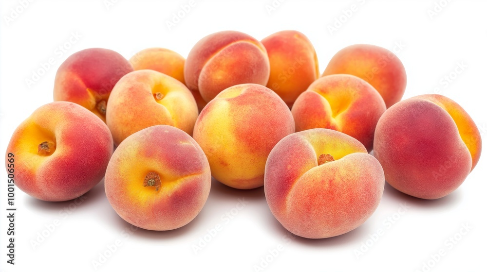 A bunch of peaches are piled on top of each other. The peaches are all different sizes and are all red and yellow A bunch of peaches are piled on top of each other. The peaches are all different sizes and are all red and yellow
