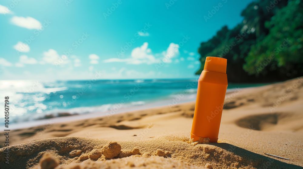Sunscreen bottle on a beach with ocean waves and sunshine, representing a summer holiday Sunscreen bottle on a beach with ocean waves and sunshine, representing a summer holiday