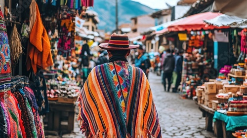 A man in a Bolivian chullo and poncho, walking through a village market during a local festival photo