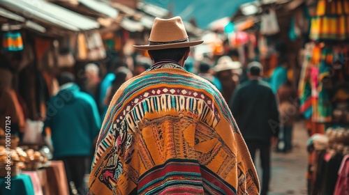 A man in a Bolivian chullo and poncho, walking through a village market during a local festival photo