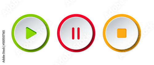 3D multimedia music player buttons, icons. Sound, voice, play, pause, skip, stop sign for mobile app, UI, website.