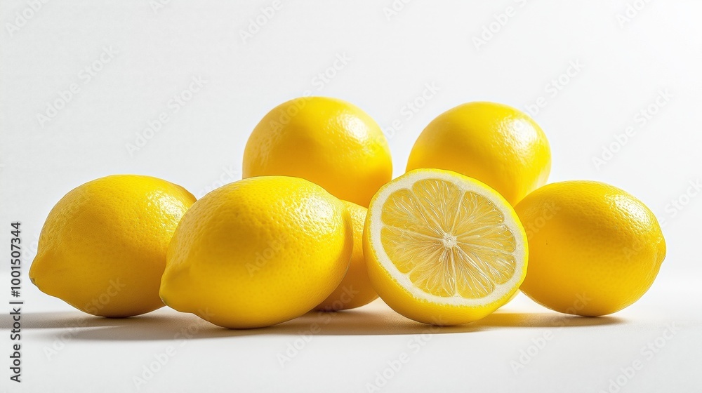 A bunch of lemons with one cut open. The lemons are yellow and have a shiny, wet appearance A bunch of lemons with one cut open. The lemons are yellow and have a shiny, wet appearance