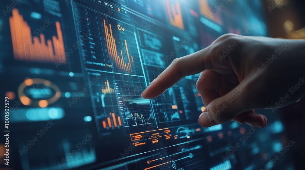 Businessman touching on digital screen with stock market graph and chart background, Businessman touching on digital screen with stock market graph and chart background,