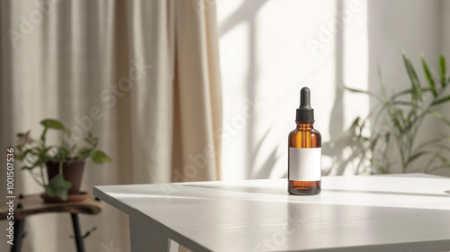 Minimalist brown dropper bottle on wooden table with sunlight and shadows creating abstract patterns photo