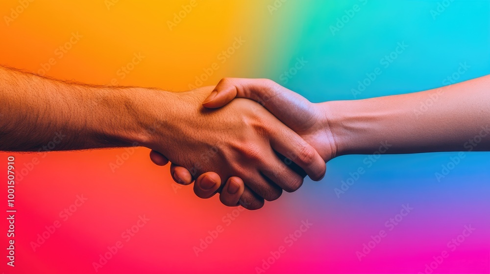Hands shaking virtually with a colorful gradation background, representing the idea of digital collaboration and professional unity Hands shaking virtually with a colorful gradation background, representing the idea of digital collaboration and professional unity